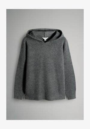Gray hooded sweater made from soft knit material with a v-neck design, long sleeves, and ribbed cuffs and hem. No visible patterns or accents.