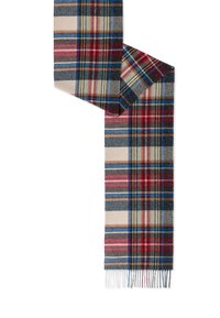 Soft wool scarf with red, blue, beige, and green plaid pattern and fringed ends, displayed folded on white background.