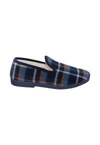 Zapatos slip-on de cuadros en azul marino, azul y naranja. Parte superior de tela suave con forro de forro polar y suela de goma plana. Diseño de puntera redondeada.