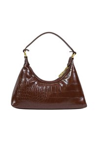 Sac en cuir embossé crocodile marron avec une poignée courbée et des éléments en métal doré, doté d'une fermeture éclair et d'une surface texturée.