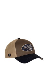 Cappellino marrone e blu con visiera curva, lati in rete e patch ricamato "Von Dutch California" sulla parte anteriore.