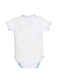 Witte katoenen baby-romper met korte mouwen en een zacht blauwe rand bij de halslijn en mouwen. Heeft een eenvoudig ontwerp zonder patronen.