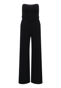 Zwarte strapless jumpsuit met een aansluitende bodice, wide-leg ontwerp, ceintuur in de taille, soepele stofstructuur en geen zichtbare patronen of accenten.