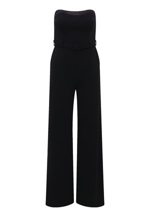 Zwarte strapless jumpsuit met een aansluitende bodice, wide-leg ontwerp, ceintuur in de taille, soepele stofstructuur en geen zichtbare patronen of accenten.