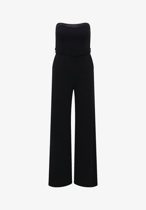 Zwarte strapless jumpsuit met een aansluitende bodice, wide-leg ontwerp, ceintuur in de taille, soepele stofstructuur en geen zichtbare patronen of accenten.