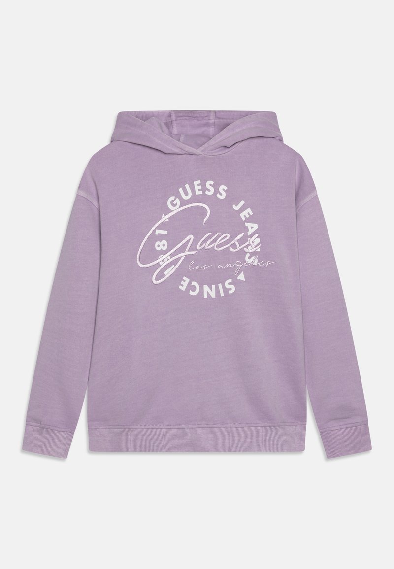 Sweat à capuche lilas avec un logo circulaire blanc à l'avant indiquant "Guess Jeans Since 1981 Los Angeles" et manches longues.