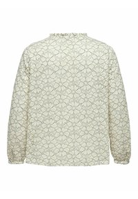 Blusa a maniche lunghe color crema con motivo in pizzo floreale, scollatura arricciata e polsini arricciati. Tessuto morbido con una vestibilità rilassata.