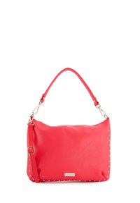 Rote Lederhandtasche mit einem gebogenen Schulterriemen, verziert mit silbernen Nieten entlang der unteren Kante und einem markierten Metallblech.