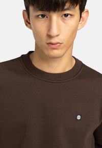 Felpa marrone a girocollo con colletto a coste, con un piccolo patch logo nero sul lato sinistro. Tessuto liscio, vestibilità casual.