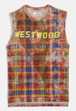 Ärmelloses karriertes Oberteil mit roten, blauen, gelben und braunen Farbtönen, das das Wort "WESTWOOD" in fetten gelben Buchstaben über die Brust trägt, ergänzt durch Sterne.