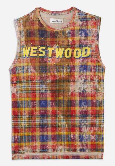 Top senza maniche a quadri con tonalità rosse, blu, gialle e marroni, caratterizzato dalla parola "WESTWOOD" in bold lettere gialle sul petto con accenti a stella.