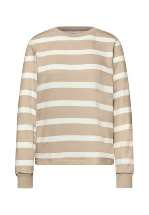 Beżowa i biała bluza w poziome paski z długim rękawem, ściągaczami na mankietach i okrągłym dekoltem.
