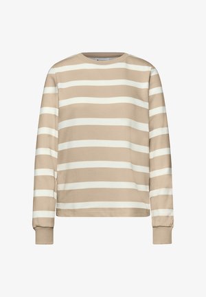 Beżowa i biała bluza w poziome paski z długim rękawem, ściągaczami na mankietach i okrągłym dekoltem.
