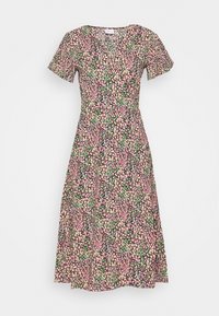 Blumenkleid mit kurzen Ärmeln, V-Ausschnitt und taillierter Taille. Das Muster zeigt die Farben Pink, Grün und Schwarz. Leichter Stoff, knieumspielend.