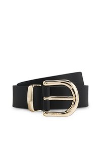 Une ceinture noire en matériau durable avec une boucle en forme de D dorée brillante, ornée de gravures et d'une texture lisse.
