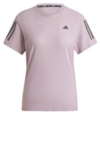 Ljuslila mesh-t-shirt med rund halsringning, korta ärmar och mörkgrå tre-randiga detaljer på båda axlarna. Adidas-logotyp på bröstet.