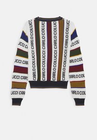 Knit sweater featuring multicolored vertical stripes with "CARLO COLUCCI" text, crew neckline, and ribbed cuffs in various textures.