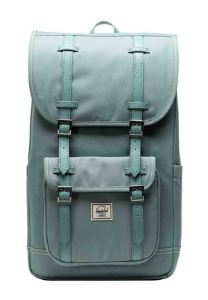 Zaino in tessuto azzurro chiaro con tasca frontale e due cinture con fibbia, maniglia di trasporto sulla parte superiore ed etichetta del marchio Herschel sulla tasca.