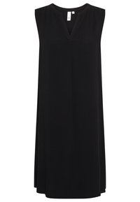 Svart ärmlös knälång klänning med V-ringning och avslappnad passform, lämplig för både avslappnade och formella tillfällen.