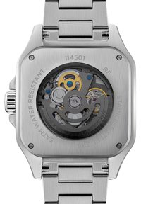 Stalen horloge met een vierkante kast. De zichtbare mechanische beweging heeft gouden en blauwe accenten. Gegraveerde tekst bevat "Waterdicht."