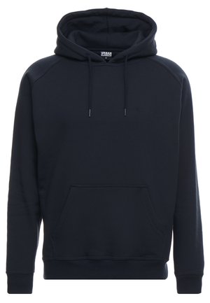 Navyblauwe hoodie van zacht materiaal, met een voorzak, trekkoorden aan de capuchon en ribbels aan de mouwen en onderkant.