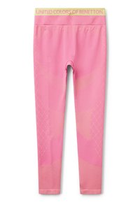 Leggings roses en tissu extensible, dotées d'une taille jaune avec "UNITED COLORS OF BENETTON" et de subtils motifs géométriques.