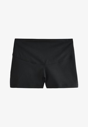 Zwarte nauwsluitende sportshorts met een brede tailleband en flatlock-stiksels, ontworpen voor actieve kleding.