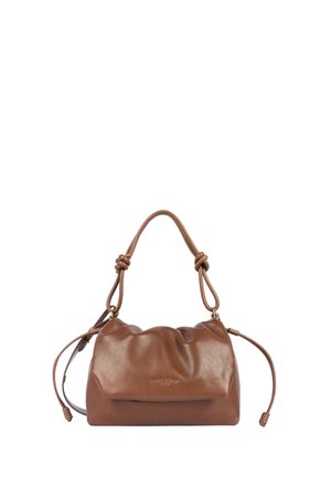 Sac à main en cuir marron avec des poignées nouées et des cordons latéraux, design doux plié, et petit logo de marque embossé au centre avant.