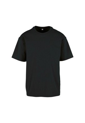 Zwarte katoenen t-shirt met een ronde hals en korte mouwen; heeft een relaxte pasvorm en een gladde, gestructureerde oppervlakte.