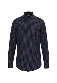 Camicia a maniche lunghe blu navy con colletto button-down e piccolo motivo a diamante bianco. Realizzata in tessuto dalla superficie liscia, presenta un orlo leggermente curvo.