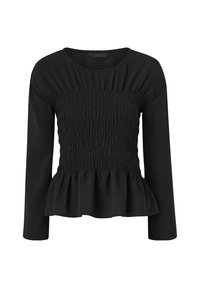 Zwarte lange mouw top met een gathered lijfje, peplum zoom, ronde halslijn en zachte textuur. Het smock-detail ter hoogte van de taille voegt dimensie toe.