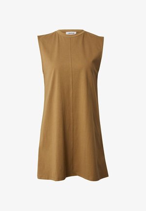 Mouwloze bruine jurk van zachte katoen, A-lijnvorm, met een ronde hals en een centrale naden detail, met een gladde textuur.