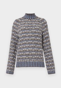 Brun, blå og hvid mønstret strikket sweater med lange ærmer og en ribbet mock-neck krave og kant.