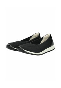 Chaussures noires à enfiler avec une tige en maille texturée, bord noir uni et une semelle intermédiaire blanche. Bout arrondi avec semelle en caoutchouc pour une meilleure adhérence.