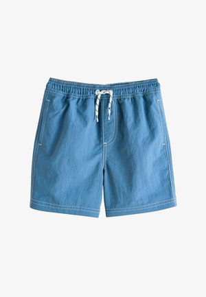 Blå badeshorts lavet af letvægtsstof med elastisk taljebånd og hvid snor, med hvide syninger og to sidelommer.