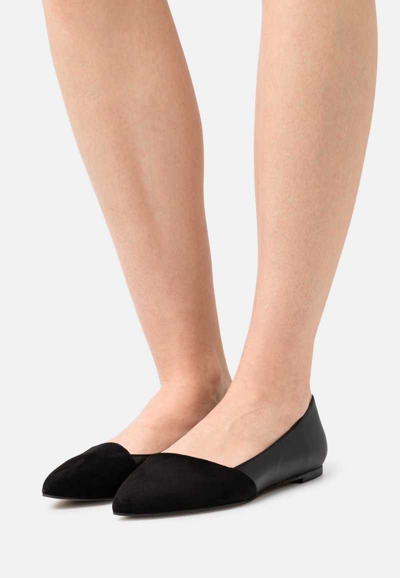 Black flats featuring a pointed toe, made of suede and leather, with a two-tone design showing a smooth leather upper and textured suede front.