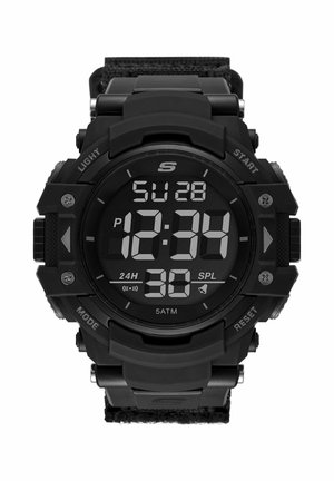 Reloj deportivo digital negro que muestra domingo, 12:34 p. m., modo de 24 horas, con botones etiquetados Luz, Inicio, Modo y Reiniciar.