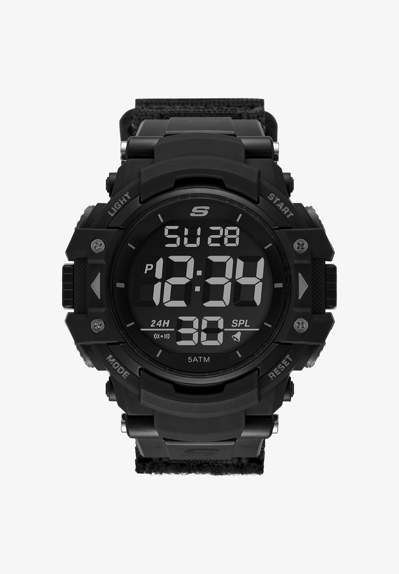 Orologio sportivo digitale nero che mostra domenica, 12:34, modalità 24 ore, con pulsanti etichettati Light, Start, Mode e Reset.
