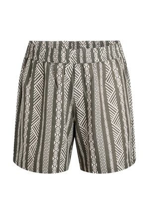 Pantaloni corti stampati con vita elastica, realizzati in un tessuto leggero, con un design geometrico in verde oliva e bianco.
