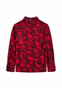 Koszula z długim rękawem z kołnierzykiem, ozdobiona czerwono-ciemnym wzorem florystycznym na gładkim materiale.