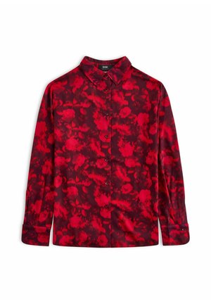 Koszula z długim rękawem z kołnierzykiem, ozdobiona czerwono-ciemnym wzorem florystycznym na gładkim materiale.