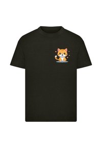 Sort bomulds-t-shirt med et grafisk motiv af en tegneseriekat med orange striber og hjerteaccentuer på brystet. Korte ærmer, rund halsudskæring.