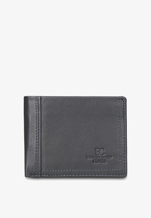 Donkergrijze leren portemonnee met een gestructureerde afwerking, voorzien van blauwe stiknaden en een geëmbossed logo aan de voorkant. Compact, rechthoekig model.