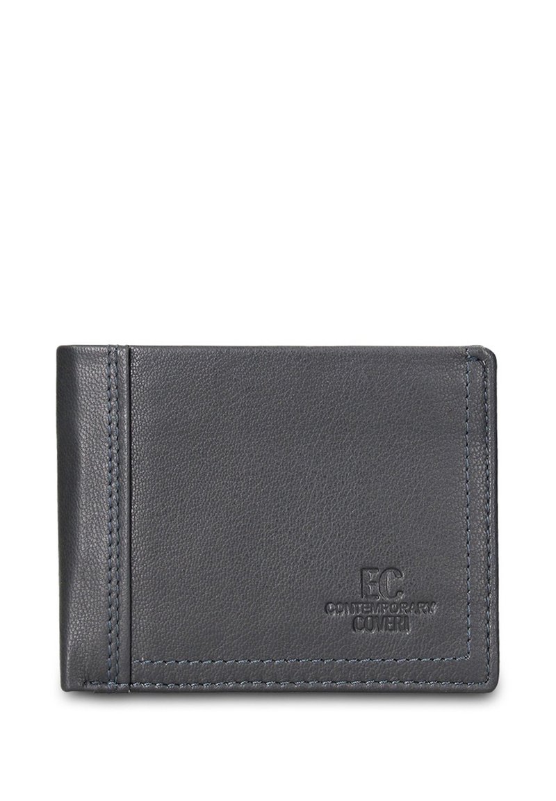 Donkergrijze leren portemonnee met een gestructureerde afwerking, voorzien van blauwe stiknaden en een geëmbossed logo aan de voorkant. Compact, rechthoekig model.
