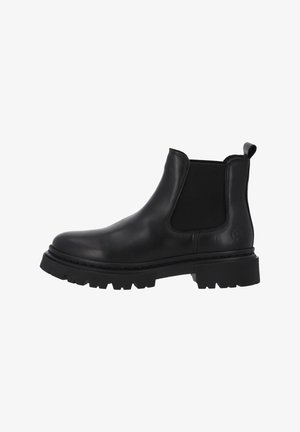 Stivaletti Chelsea in pelle nera con pannelli elastici laterali e linguetta posteriore. Presentano una suola in gomma robusta e scanalata per una buona aderenza. Texture liscia.