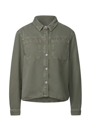 Olivengrøn, langærmet skjorte lavet af bomuld, med knaplukning foran, to brystlommer og en let cropped kant.