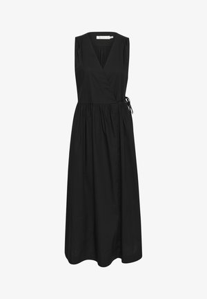 Must have musta relveta kleit kerges kangas, millel on V-kaelus, gathered talje ja küljele seotud detail. Maxi pikkus.