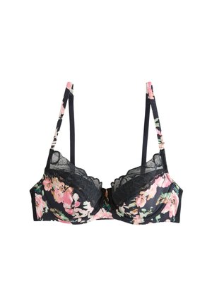 Soutien-gorge noir avec motif floral rose et vert, bordure en dentelle sur les bonnets et bretelles réglables à motif floral.