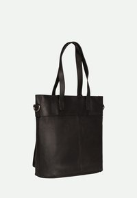 Zwarte leren tote bag met dubbele handvaten, rechthoekige vorm, gladde textuur en metalen hardware-accenten. Minimalistisch ontwerp zonder zichtbare patronen.