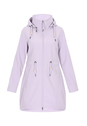 Giacca viola chiaro realizzata in tessuto morbido, con cappuccio, chiusura con zip, cordini regolabili e due tasche frontali decorate con perline.